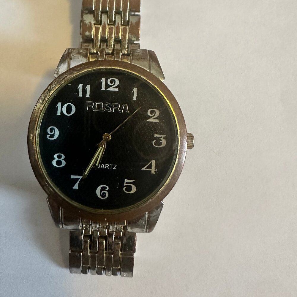 ROSRA Quartz Watch, Stainless Steel Back, Black Dial, Gold and Silver Toned